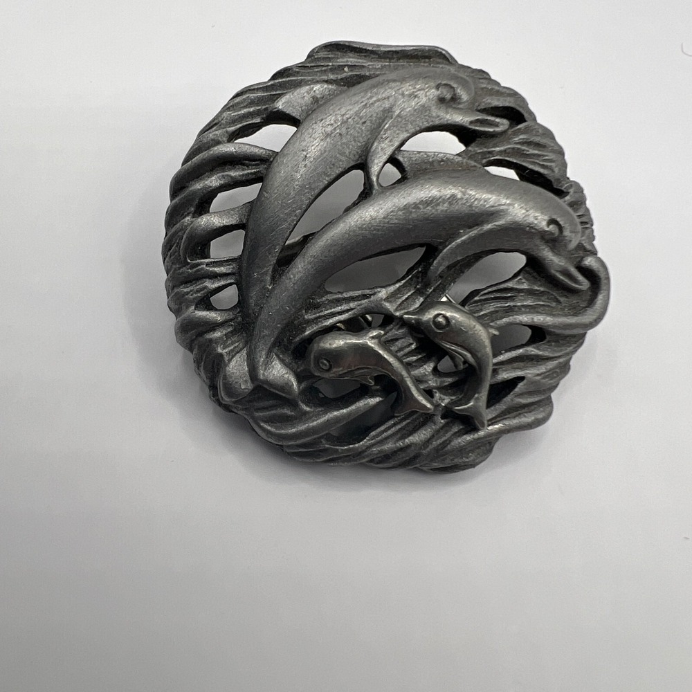 Vintage Torino Dolphin Brooch and Calf Earrings Pewter Tone Pod Porpoise Pin